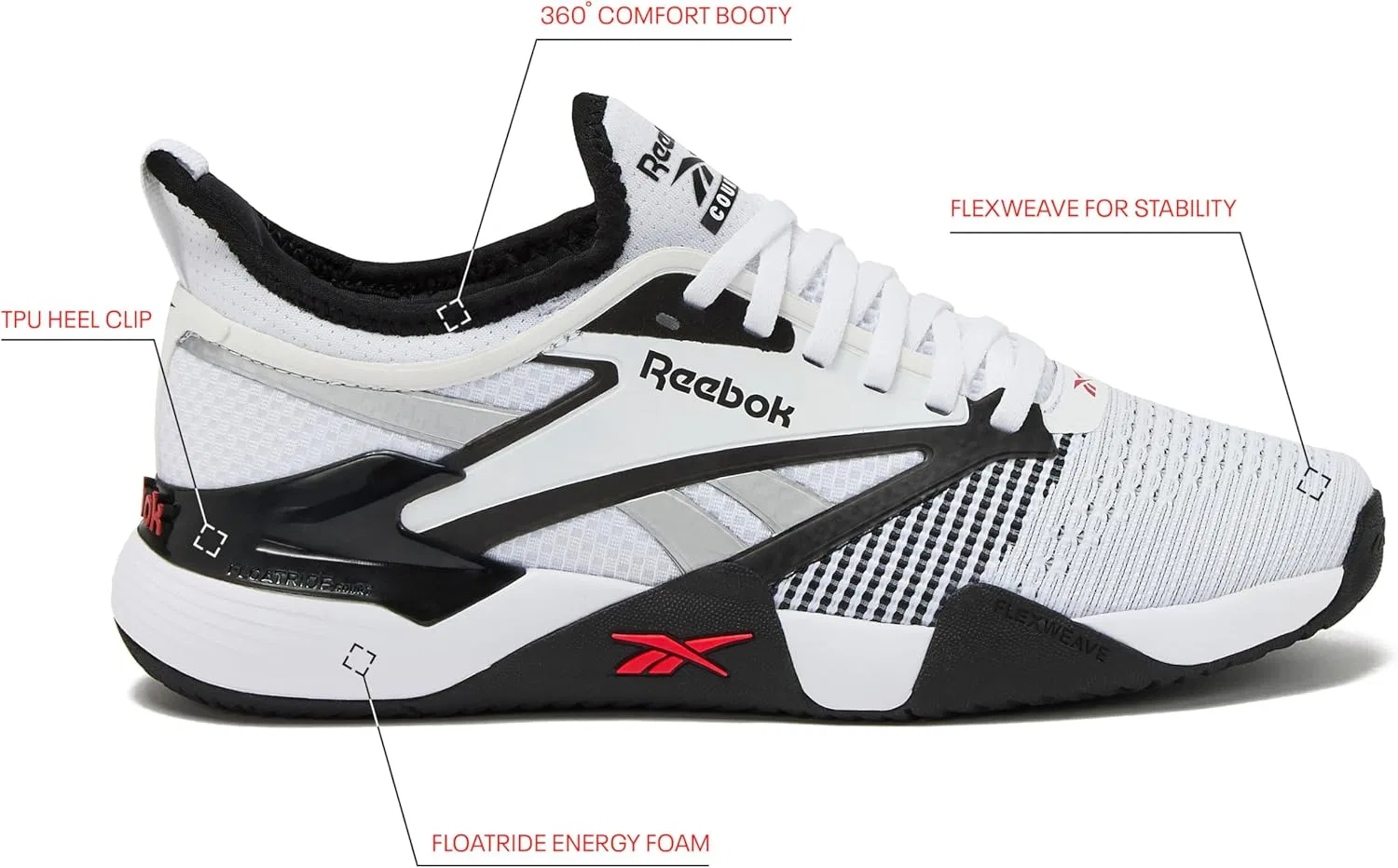 Кроссовки для корта Reebok Nano Court, черные/белые/энерджи-красный — фото 2