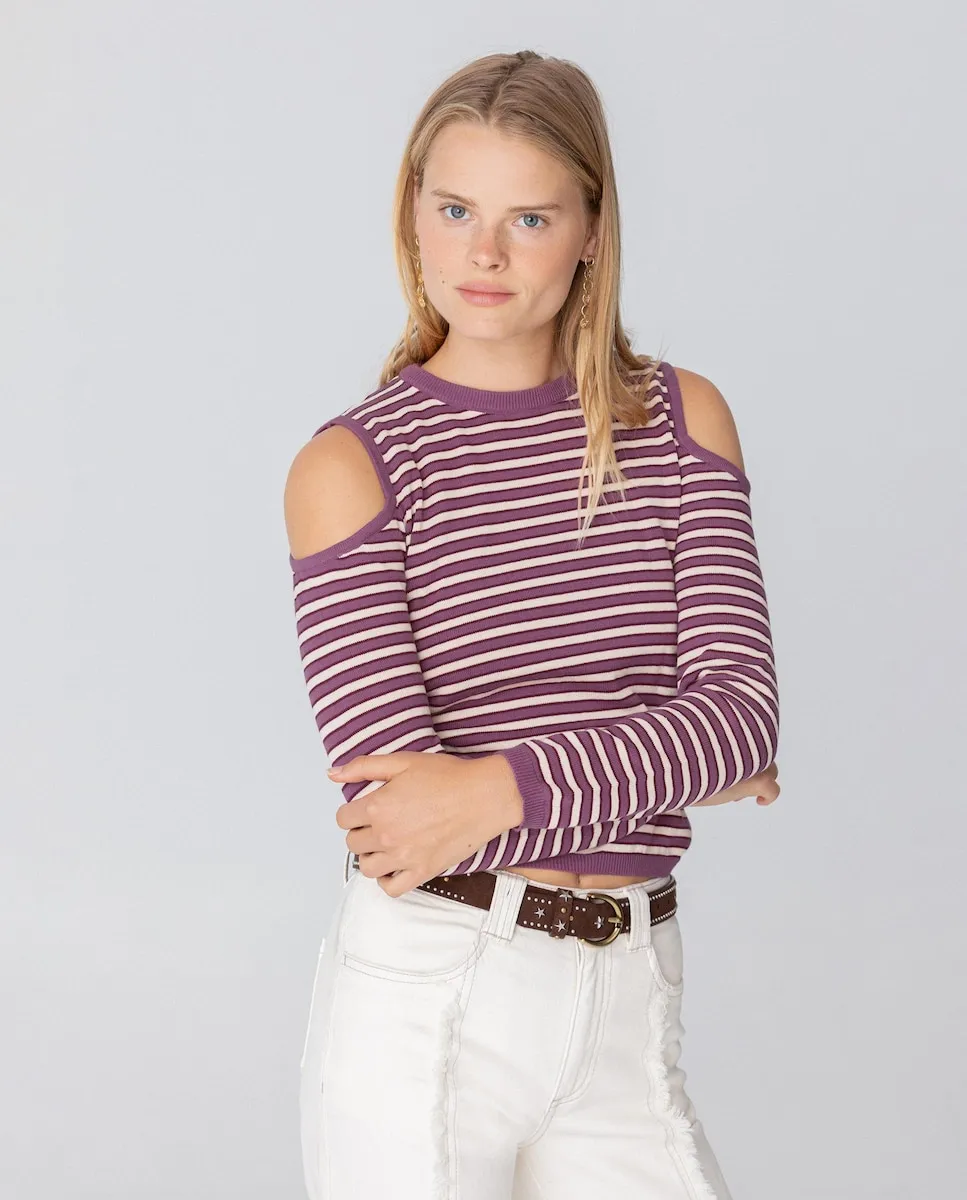 

Женский тонкий полосатый джемпер с вырезами на плечах Noon, белый/фиолетовый