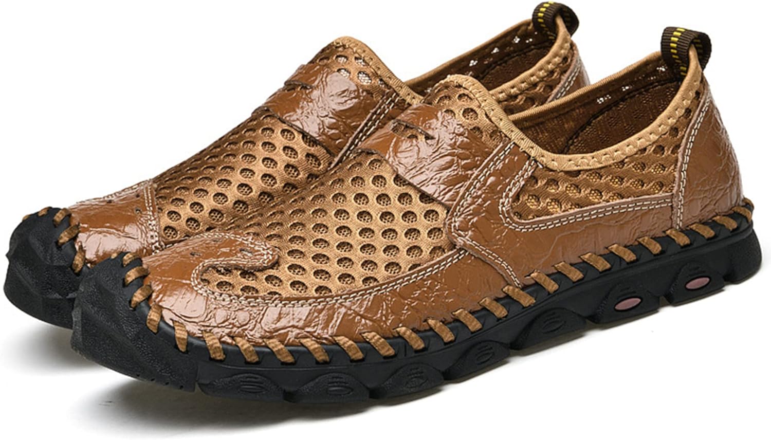 

Мужские лоферы DevilAngel, летние с сеткой, дышащие кожаные мокасины для прогулок и воды, ручная строчка из Италии, удобная обувь на плоской подошве для улицы, коричневый