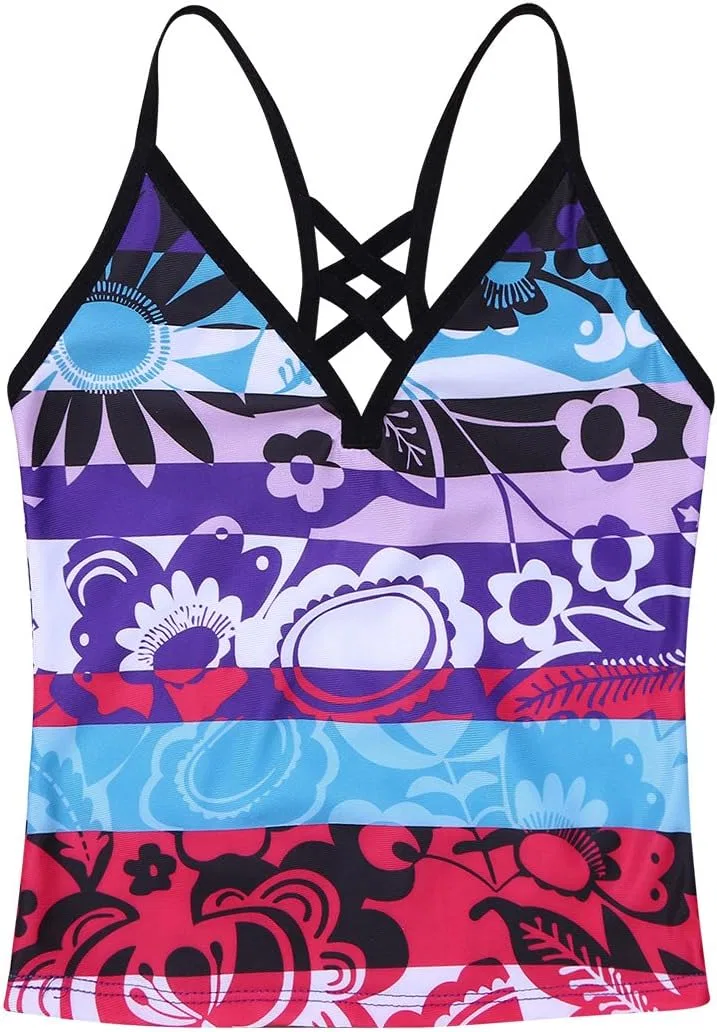 Купальные костюмы для девочек Jugaoge с цветочным принтом, комплект из 3 частей танкини, защита от ультрафиолета UPF 50+, купальники для пляжа и спорта, фиолетовый — фото 3