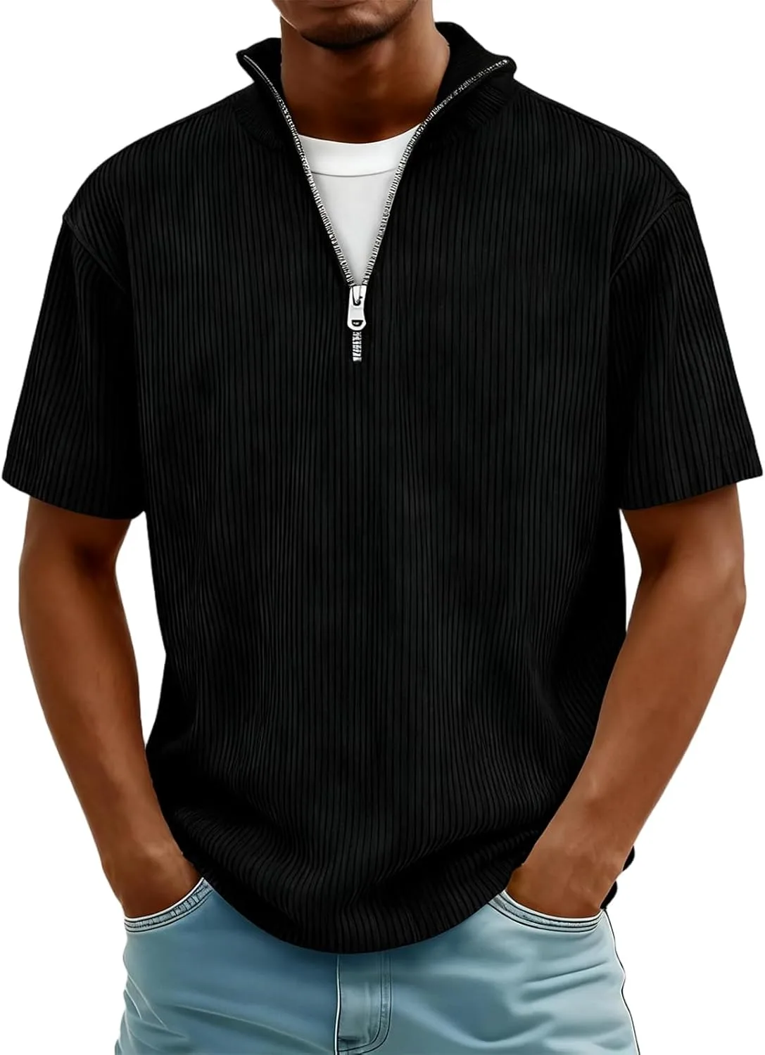 

Короткий рукав, мужская футболка Corduroy Ribbed Knit Quarter Zip, Casual, Oversized