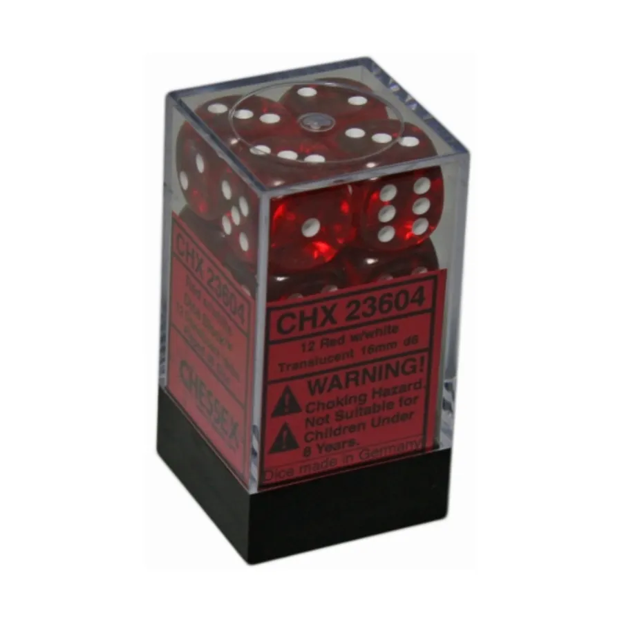 

d6 16мм Красный с белым (12), Dice - Translucent - d6 (Chessex)