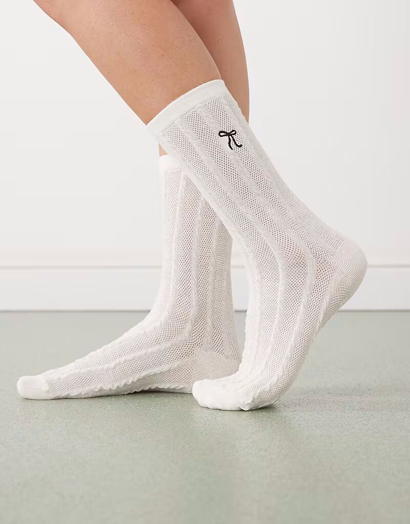 

Носки с косичкой и бантом, кремового цвета Reclaimed Vintage