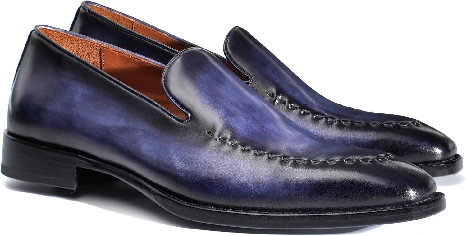 

Мужские лоферы из натуральной кожи с ручной окраской, без шнурков, с подошвой из цельной кожи, классические повседневные туфли с квадратным носком Gifennse, синий