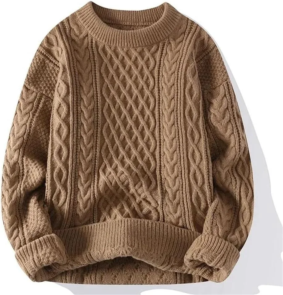 Мужской зимний свитер кабельной вязки Casual Lightweight Warm Solid Color с круглым вырезом — фото 3