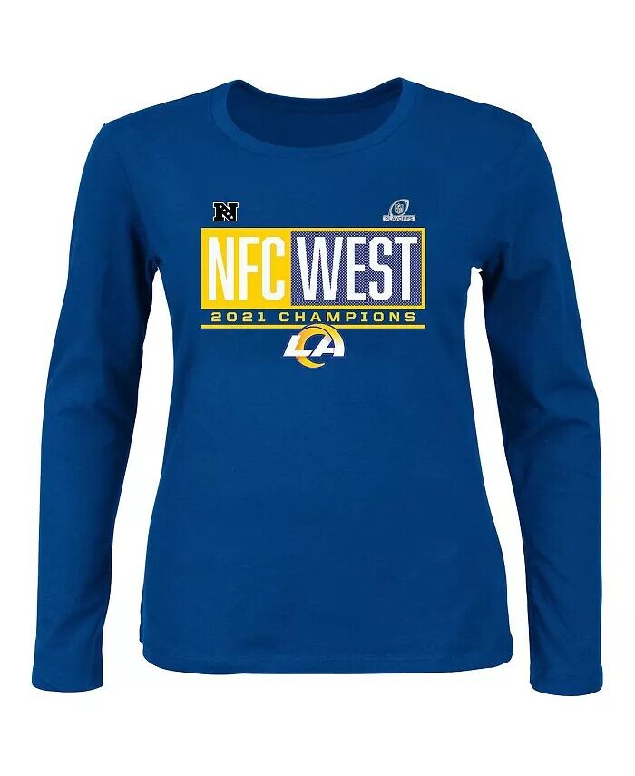 

Женская футболка Royal Los Angeles Rams 2021 NFC West Division Champions с блокированными любимыми футболками с круглым вырезом и длинными рукавами Fanatics
