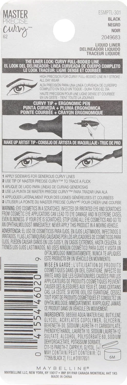 Подводка для глаз жидкая Master Precision Curvy Liquid Eyeliner Maybelline New York, 1 шт, 0.01 oz, черный — фото 3
