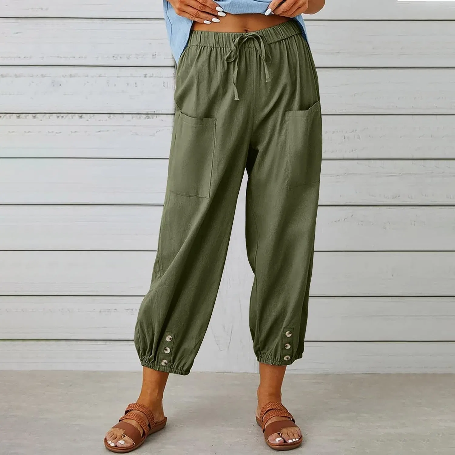 Женские широкие брюки с карманами, Cotton Linen, Army Green — фото 3