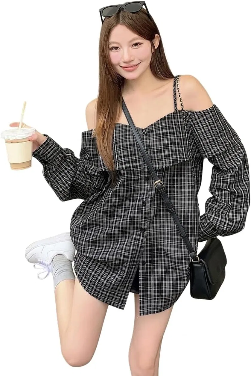 Блуза офф-шолдер с объемными рукавами, Oversized Checked Shirt, черный