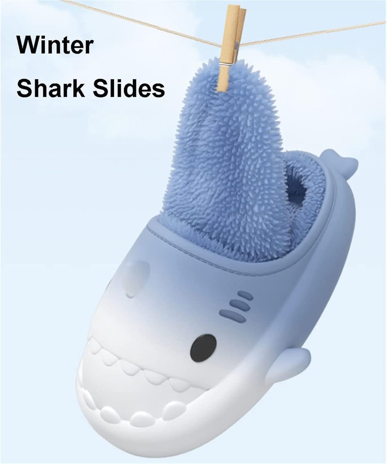 Зимние пушистые тапочки Shark Slides с изображением акулы, зимние тапочки Cloud Slides с акулой для взрослых, нескользящие пушистые тапочки Quroxo, синий/розовый — фото 2