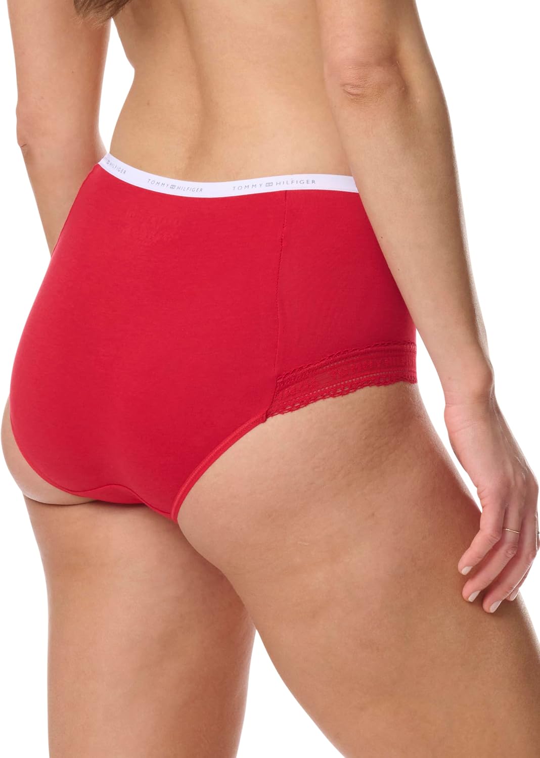 Женские трусы-слипы Tommy Hilfiger с логотипом на поясе, кружевной отделкой, 6 шт., Tango Red/Heather Grey/Sky Captain — фото 4