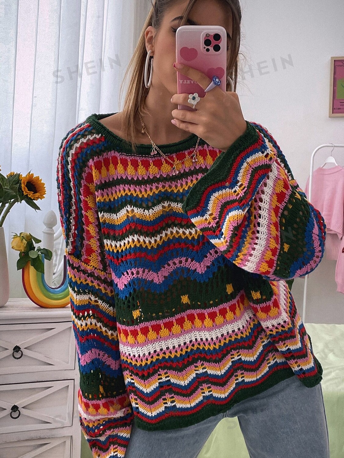 

Свитер оверсайз Shein Vcay Holiday вязаный, зеленый / желтый / белый