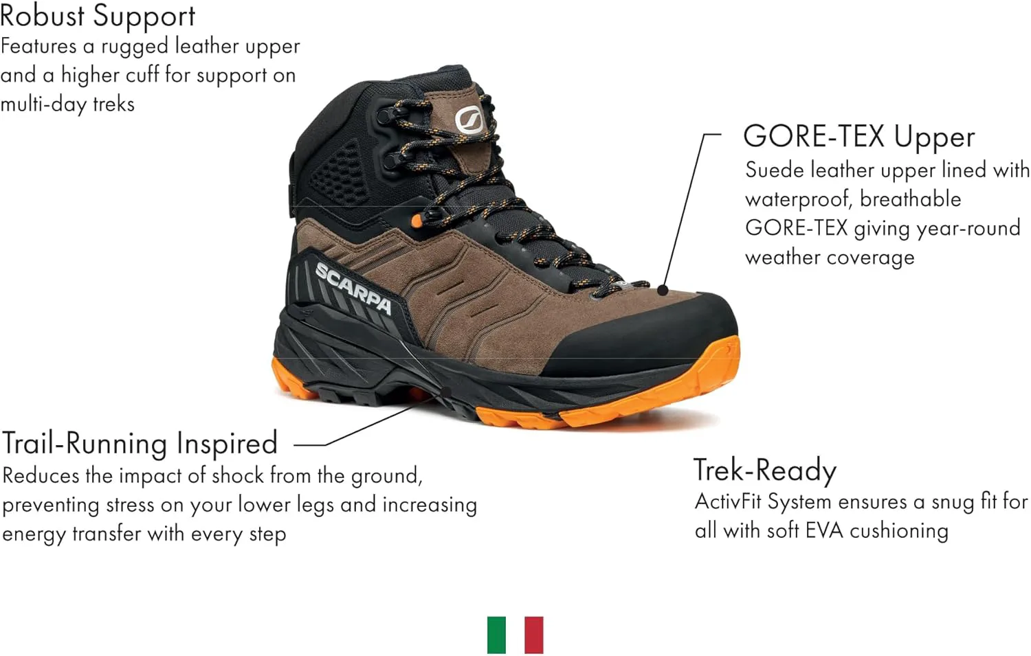 Мужские походные ботинки SCARPA Rush TRK GTX с водонепроницаемой мембраной Gore-Tex, легкие, коричневый/оранжевый — фото 3