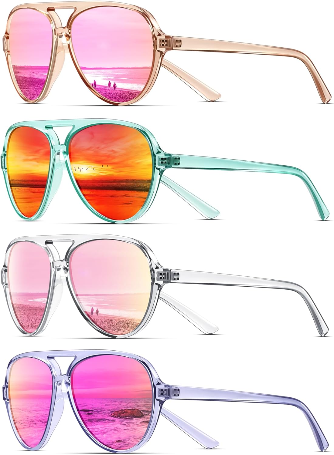 

Женские поляризованные солнцезащитные очки-авиаторы KUGUAOK в спортивном стиле для бега, оправа, предотвращающая спутывание линз, винтажный модный дизайн, 4pcs-clear Pink+champagne+green Red+blue Pink