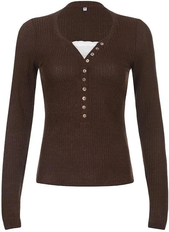 

V-образный вырез длинный рукав футболка Slim Beautiful Fashionable вязаный стежок кружевной топ YWMLFZ