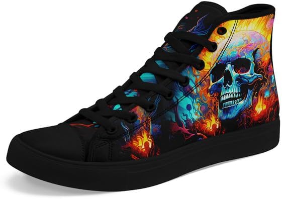 

Высокие кеды AWSOLE с черепом из холщовой ткани для мужчин и женщин, шнуровка, модная унисекс, с рисунком пламени, повседневные плоские туфли, черные и белые