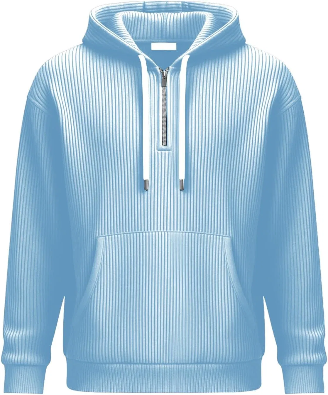 Худи мужское с четверть-застежкой, вафельный трикотаж, с карманом, Light Blue — фото 3