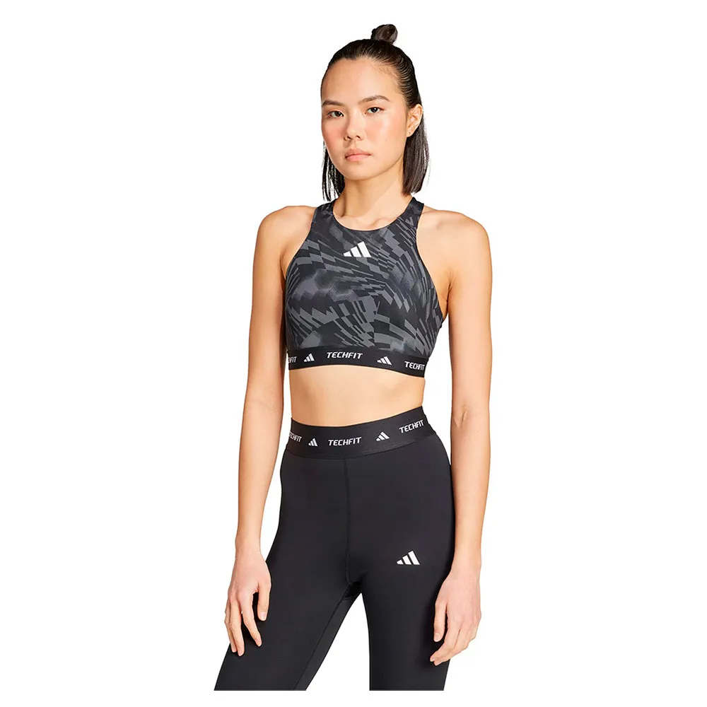 

Спортивный бюстгальтер adidas Techfit High Neck Print Medium Impact Sports Bra, черный