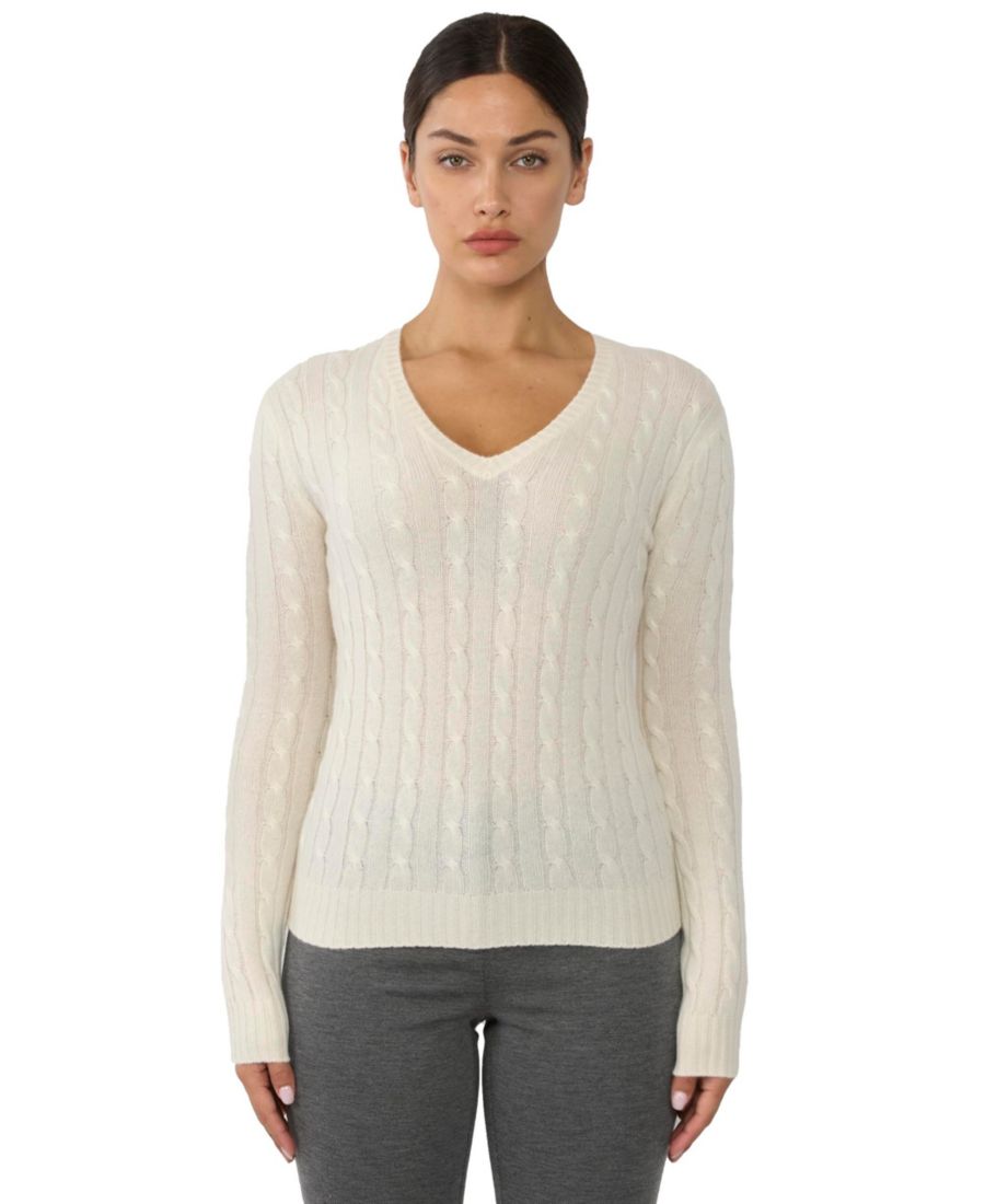 

Женский пуловер с длинными рукавами и V-образным вырезом, связанный косами, из 100% кашемира JENNIE LIU, Cream