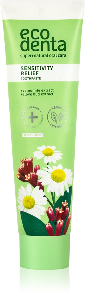 

Зеленая зубная паста для снятия чувствительности чувствительных зубов с фтором Ecodenta, kvapas chamomile/clove 100 мл