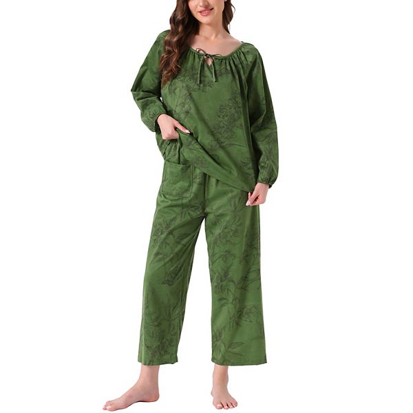 

Женский пижамный комплект с длинным рукавом, цветочный пуловер с запахом и широкими брюками, мягкий лоунж Inspire Chic, Dark Green Floral