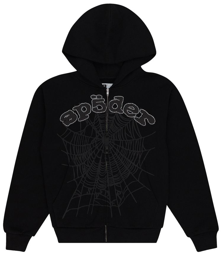 

Худи Sp5der x Young Thug Rhinestone Zip-Up Hoodie 'Black', черный