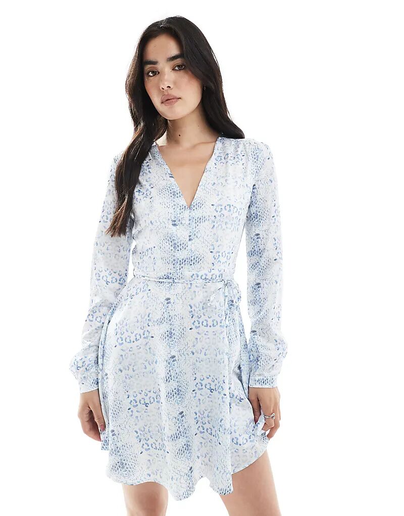 

Платье мини с V-образным вырезом и завязками на талии, белое, синее, с изображением животных