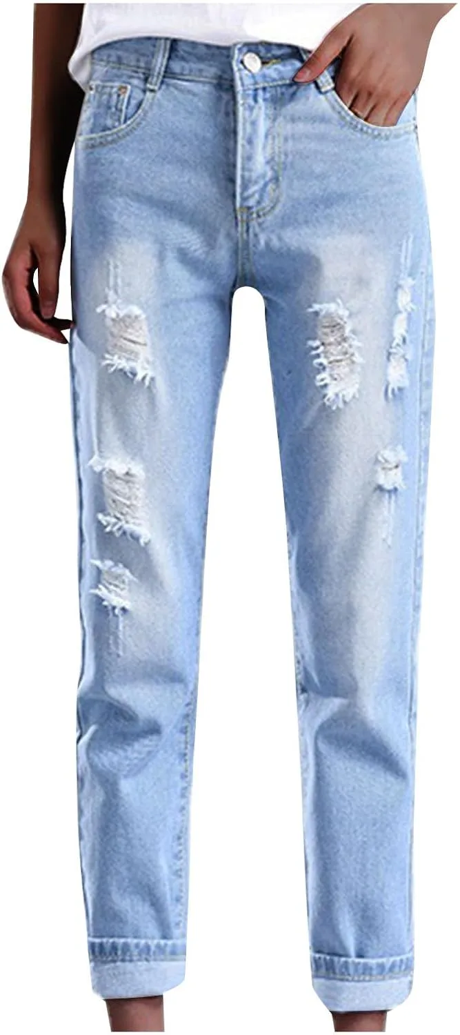 

Женские рваные джинсы Plus Size High Waist Stretch Denim Straight Leg