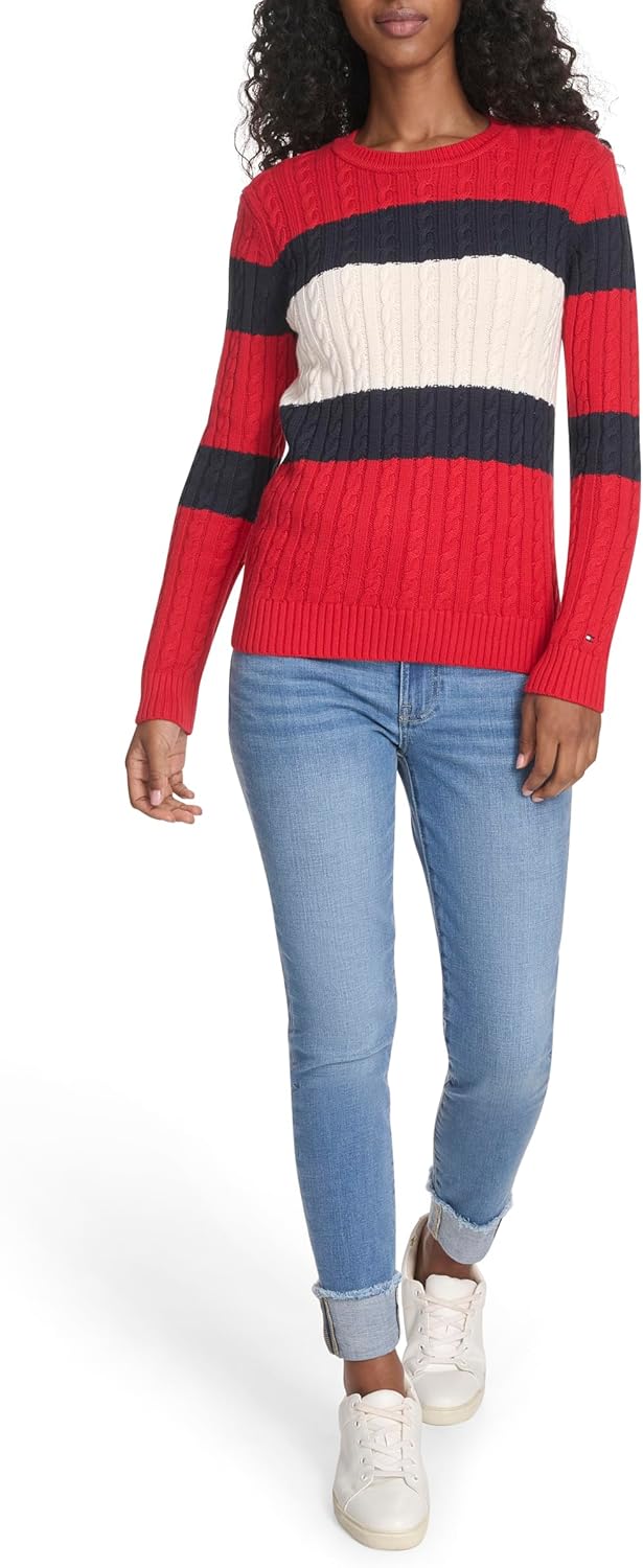 Женский хлопковый свитер Tommy Hilfiger с круглым вырезом и косами, Scarlet Multi Colorblock — фото 2