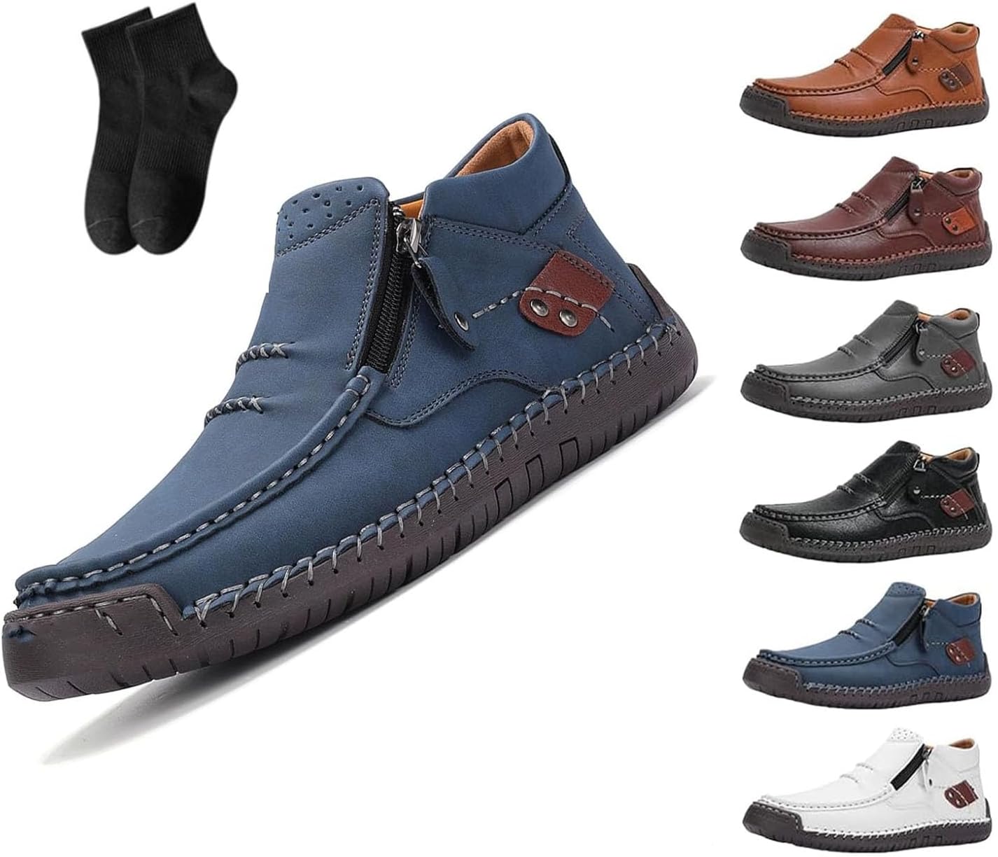 

Кожаные туфли, мужские ручной работы премиальные кожаные ботинки-слипоны для вождения - широкий носок, поддержка свода стопы, мужские ботинки, мужские ортопедические ботинки на боковой молнии для вождения Noworfewer, синий