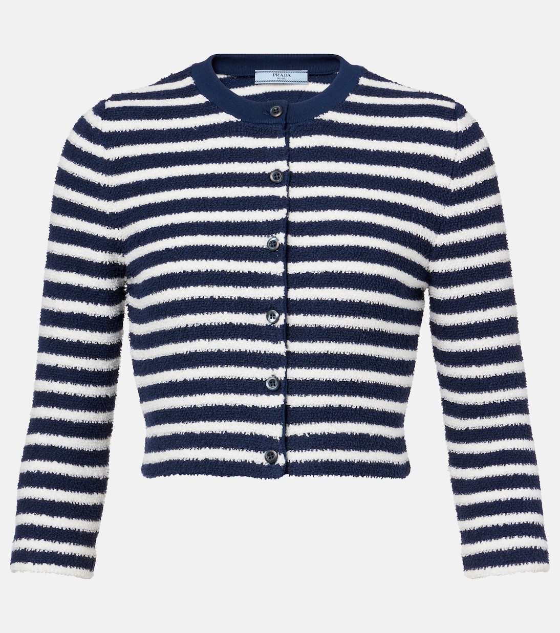 

Полосатый кардиган букле из смесового хлопка Prada, Navy+Naturale