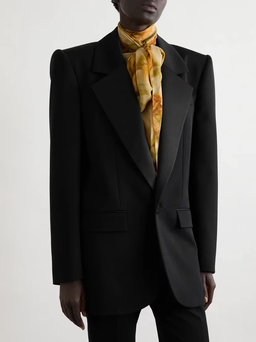 Блейзер из шерсти Grain de poudre и шелкового атласа SAINT LAURENT, черный — фото 3