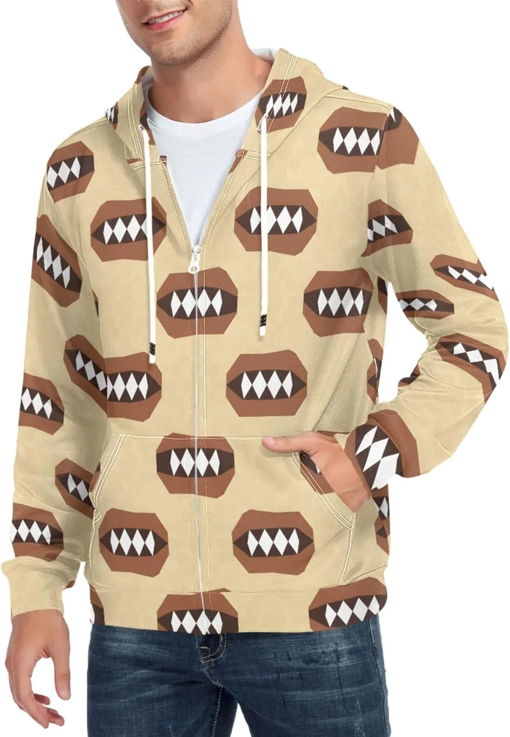 

Мужской худи на молнии Brown Mouths с белыми зубами, с длинными рукавами и карманом CUPADA