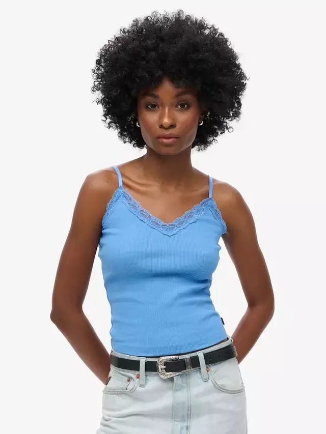 Топ из органического хлопка с ребристой кружевной отделкой Superdry, Blue Marl