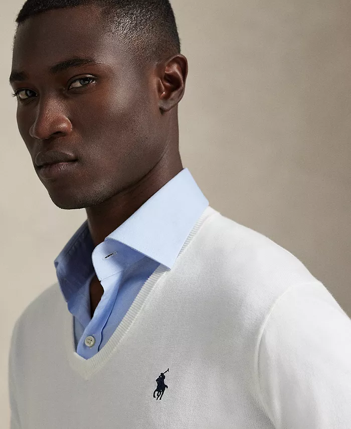 Мужской хлопковый свитер с V-образным вырезом Polo Ralph Lauren, белый — фото 2