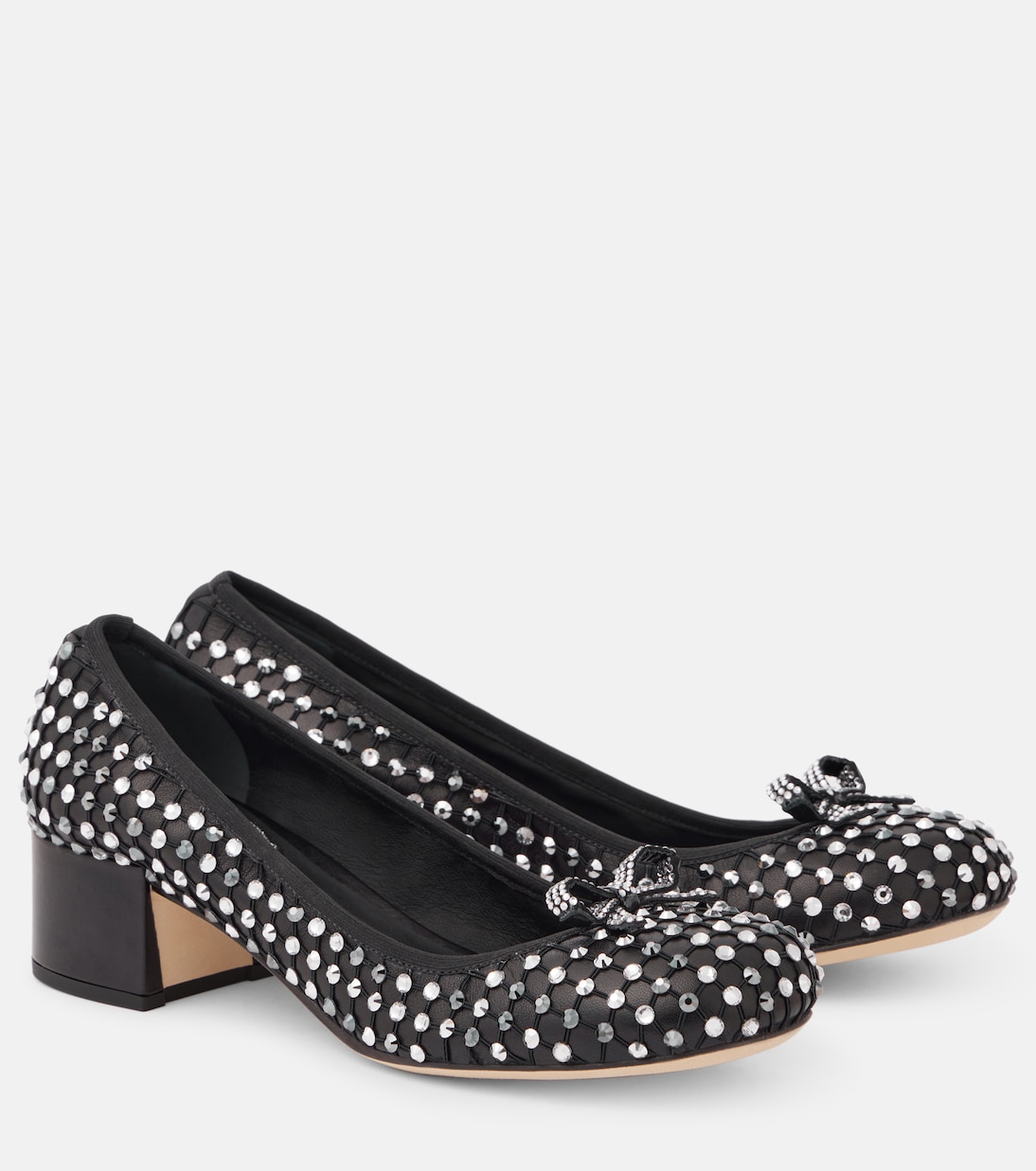 Туфли из кожи, украшенные кристаллами Rene Caovilla, Black Lamb-Grey Satin