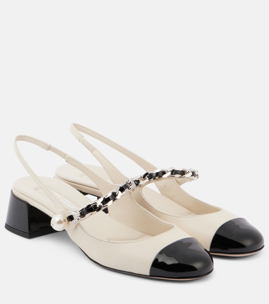 Декорированные кожаные туфли-лодочки на ремешке Miu Miu, Avorio+Nero