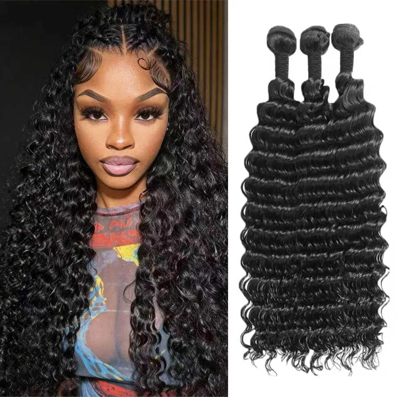 Комплект из 3 пучков натуральных волос Deep Wave, 14, 16, 18 дюймов Tnice, Black Bundle