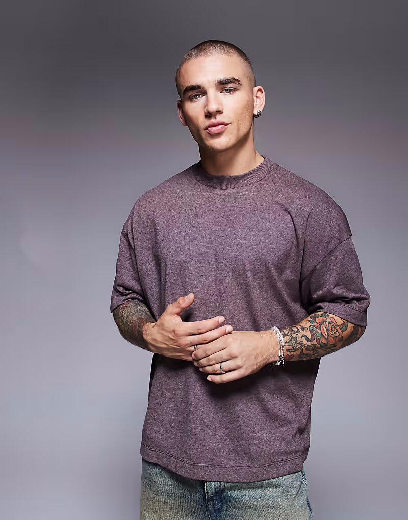 

Футболка свободного кроя с заниженной линией плеч ASOS DESIGN, окрашенная в бордовый меланжевый цвет