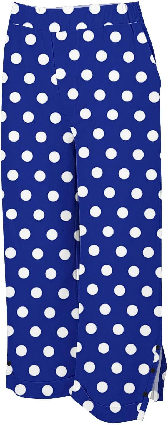 Прямые льняные брюки для женщин Vintage Polk Dots укороченные широкие брюки 2026 лето хлопок удобные брюки на пуговицах Generic, синий — фото 4