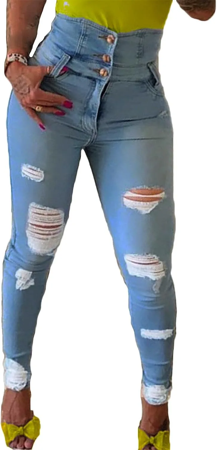 

Andongnywell женские джинсы с высокой талией и потертостями для подтяжки ягодиц