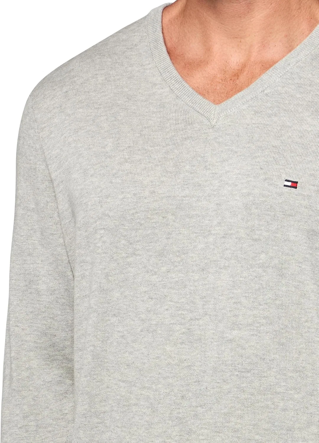 Tommy Hilfiger мужской хлопковый однотонный свитер с V-образным вырезом легкий пуловер, светло-серый — фото 3