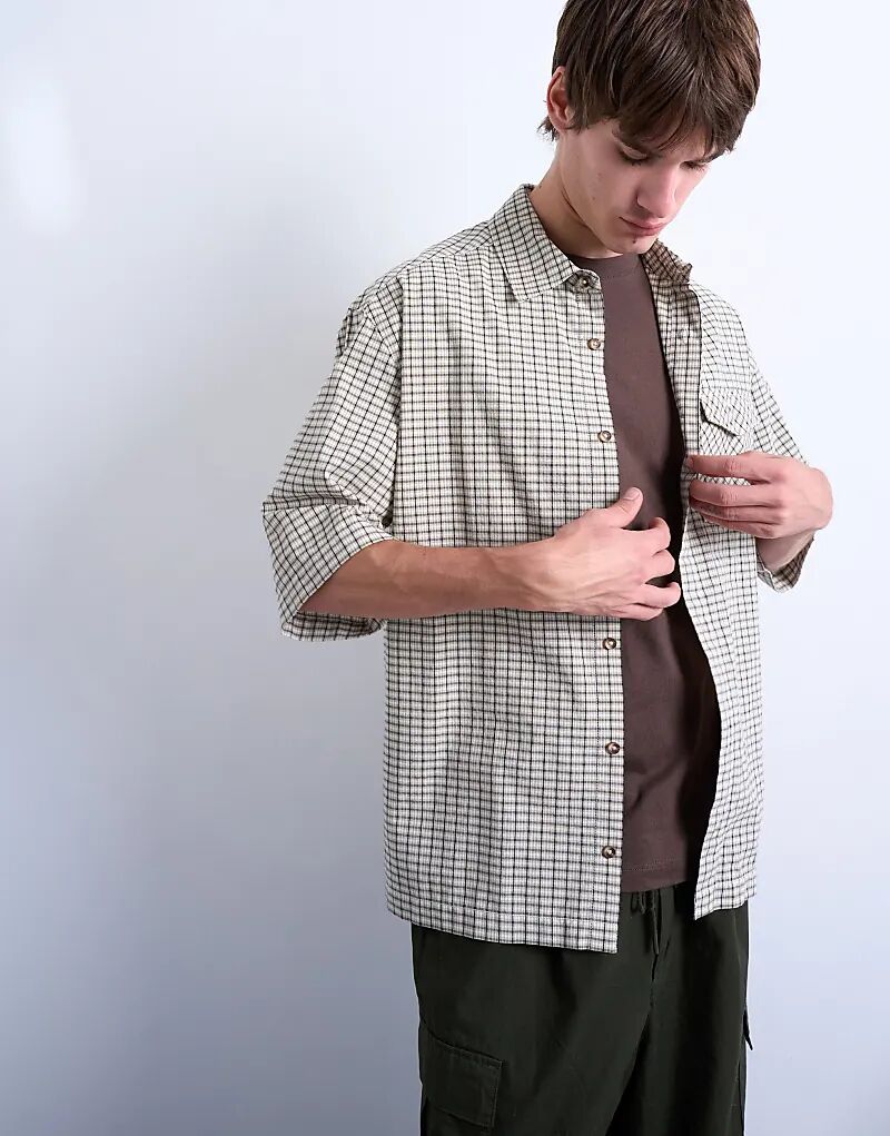 

Рубашка Topman свободного кроя с короткими рукавами и текстурированной клетчатой текстурой цвета «камень»