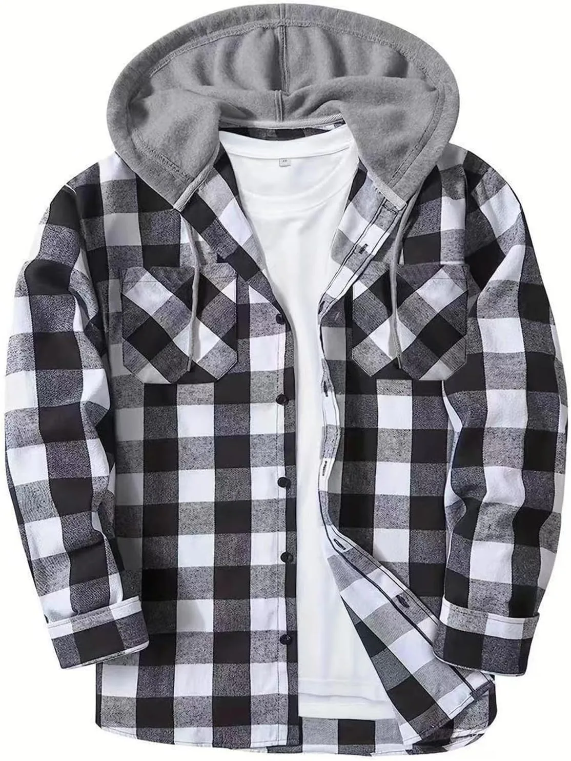 Мужская фланелевая толстовка-рубашка с капюшоном, повседневная рубашка на пуговицах в клетку, куртка с длинным рукавом, осенняя мода, рубашка с капюшоном и карманами Generic, белый