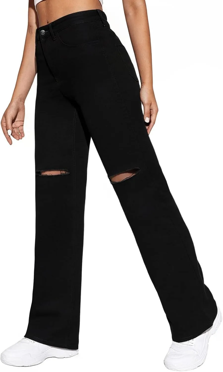 

Женские джинсы прямые широкие с высокой талией и потертостями LBDLONGBIDA