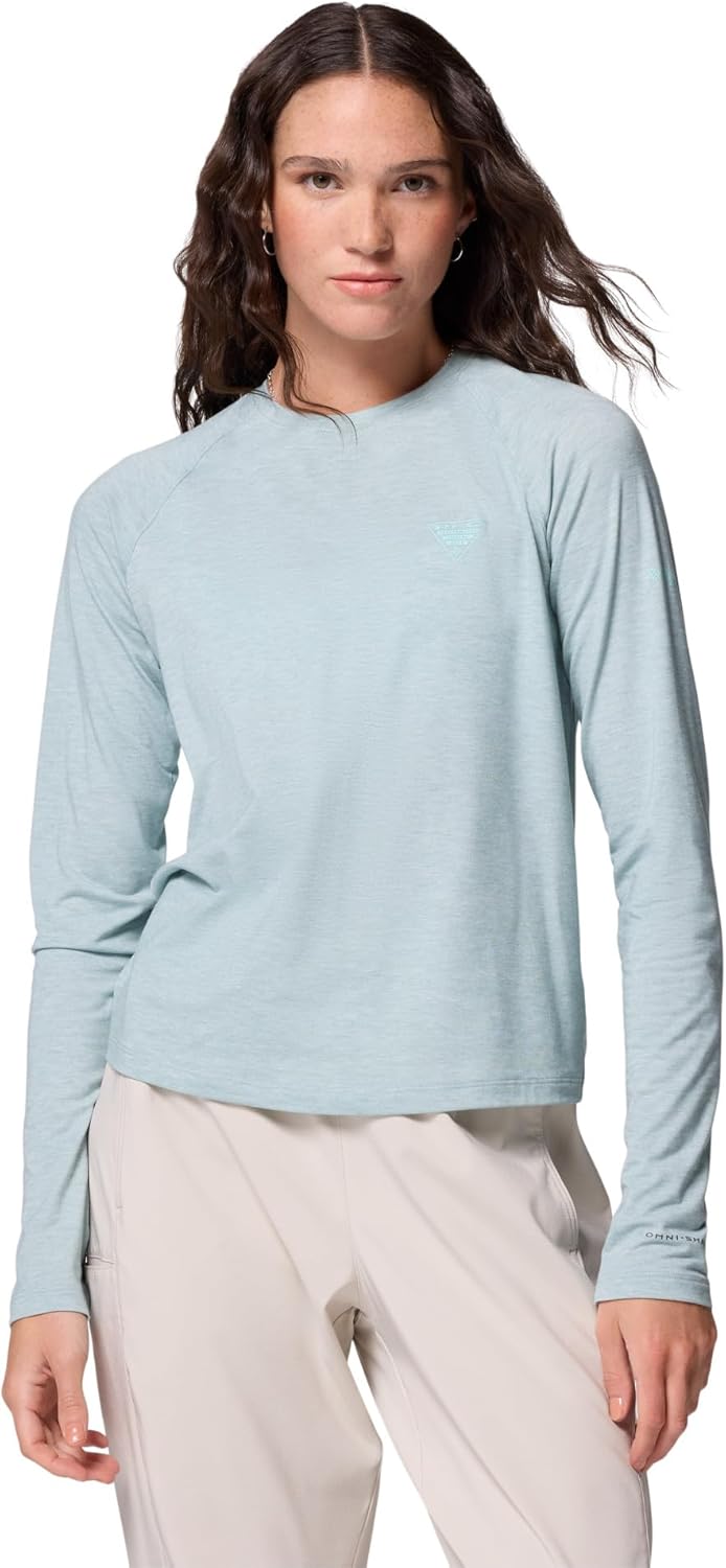 

Футболка Columbia Womens PFG Uncharted Knit Long Sleeve, Crushed Blue Heather, Синий, Футболка Columbia Womens PFG Uncharted Knit Long Sleeve, Crushed Blue Heather