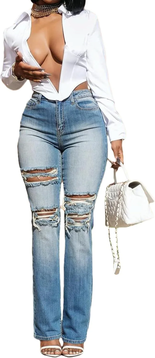 

HuiSiFang женские рваные джинсы straight leg high waisted slim fit y2k distressed stretchy