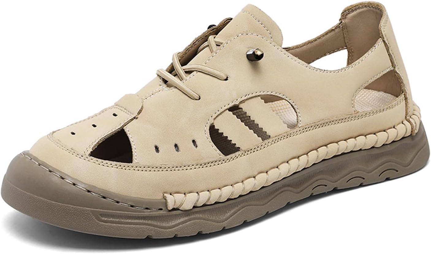 

Мужские кожаные сандалии UZUJBAA с вырезами, эластичной платформой и поддержкой свода стопы, повседневные с закрытым круглым носком, нескользящие, с толстой мягкой подошвой, удобные, на легком надевании, для улицы и пляжа летом, Sand