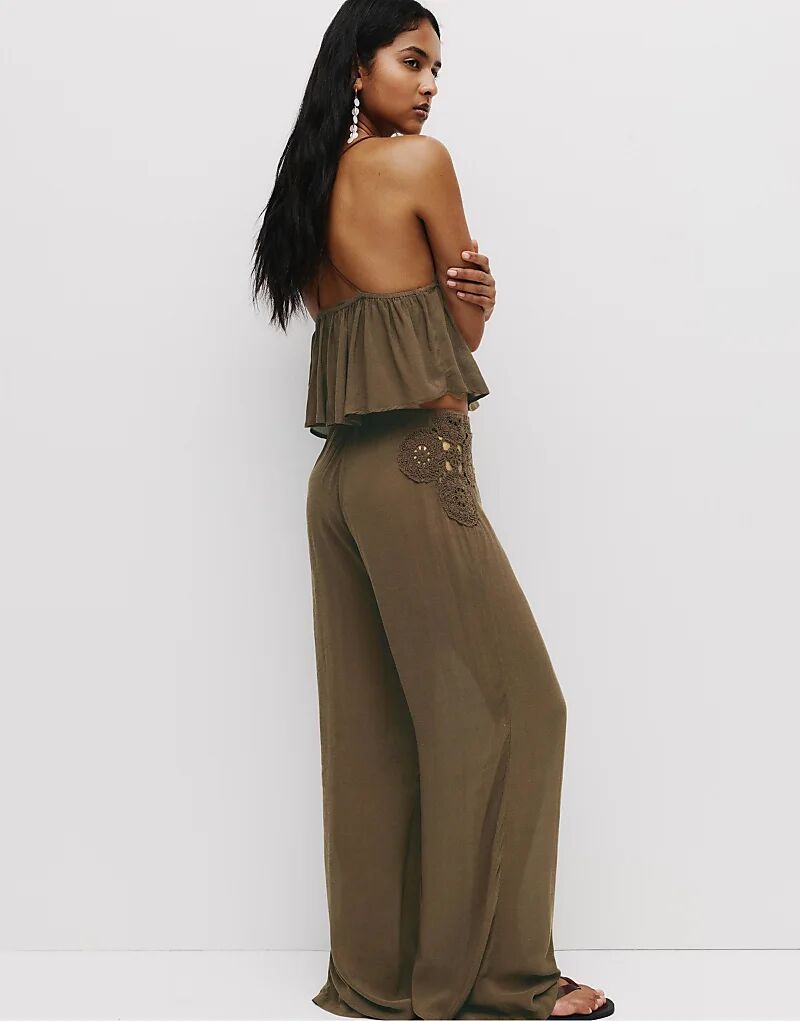 

Брюки Pull&Bear Rustic с вышивкой крючком коричневого цвета