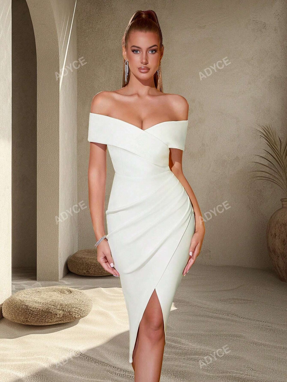 

Коктейльное платье-футляр с открытыми плечами, рюшами и запахом Adyce, белый